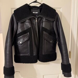 DKNY Black Leather Jacket with Shearling Collar L